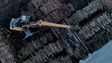 Bagger verlädt in Baruth Industrieholz (Luftaufnahme), aus dem Laminat hergestellt wird (Bild: rbb)