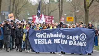 Originalbild: Demonstration gegen die Tesla-Erweiterung in Brandenburg, Grünheide, am 10.03.2024.(Quelle: dpa/Christophe Gateau)