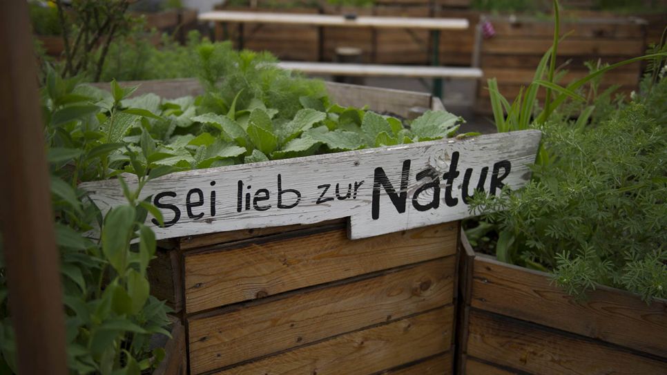 Schild mit der Aufschrift "Sei lieb zur Natur" an einem Hochbeet (Bild: imago/bildgehege)