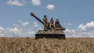 Ukrainische Soldaten posieren auf einem Panzer inmitten eines Getreidefeldes.