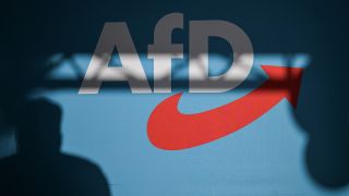 Ein Redner wirft einen Schatten auf die BÃ¼hnenrÃ¼ckwand mit AfD-Schriftzug auf einer Veranstaltung. 