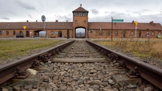 Die Bahngleise und das Eingangstor des ehemaligen Konzentrationslagers Auschwitz-Birkenau (dpa-Bild)