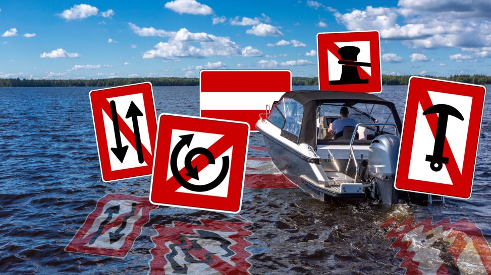 Montage: Motorboot auf See mit Verkehrszeichen der Schifffahrt, (Quelle: rbb/colourbox)