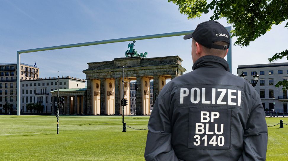 Fotomontage: Beamter der Bundespolizei vor Kunstrasen-Fanmeile zur Fußball-EM in Berlin (Quelle: rbb/IMAGO/Jürgen Heinrichpicture alliance/Fotostand/Reuhl)