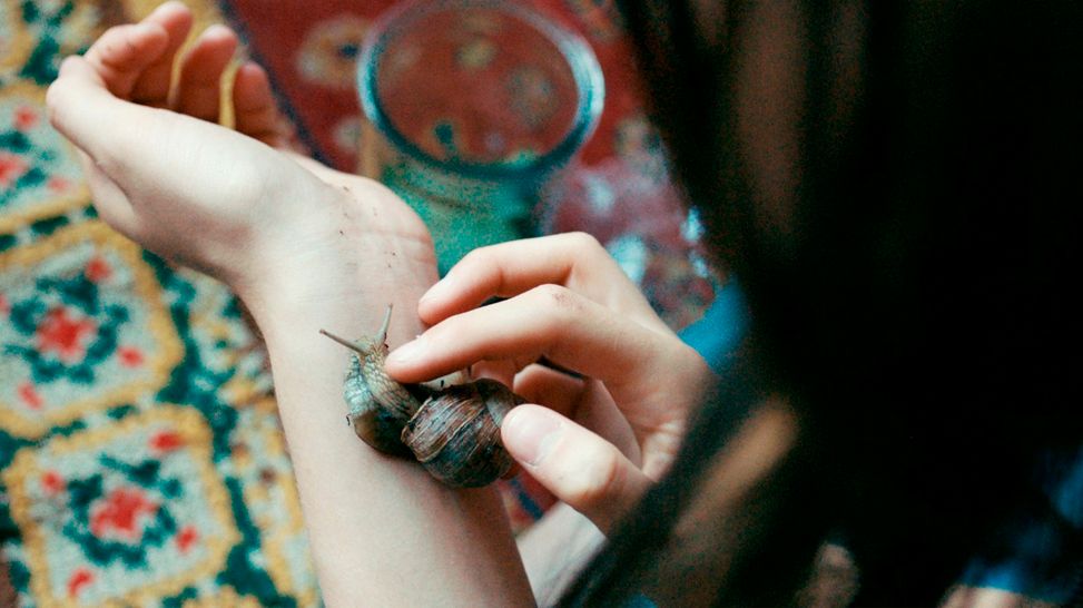 Jessy (Pola Geiger) streichelt eine Schnecke auf ihrem Arm. Bild zum Film: Jessy, Quelle: rbb/dffb/Albrecht von Grünhagen
